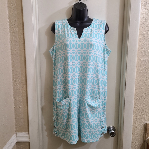 Lulu-B Sleeveless Mini Dress M Turquoise White Stretch Pockets Buttons - Picture 10 of 10